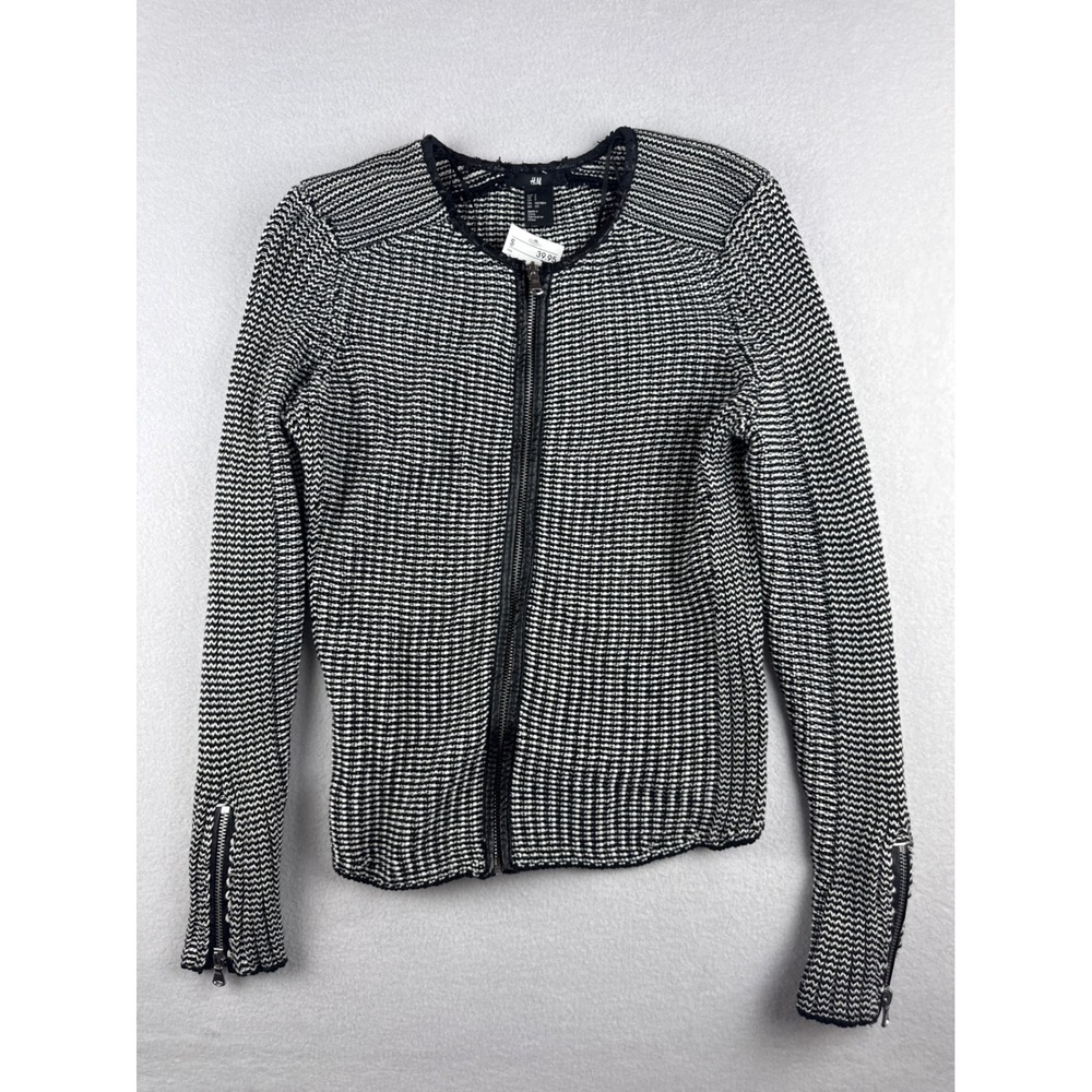 HM Womens Black White Textured Knit Zip Up Cardigan Sweater Moto Jacket Size S